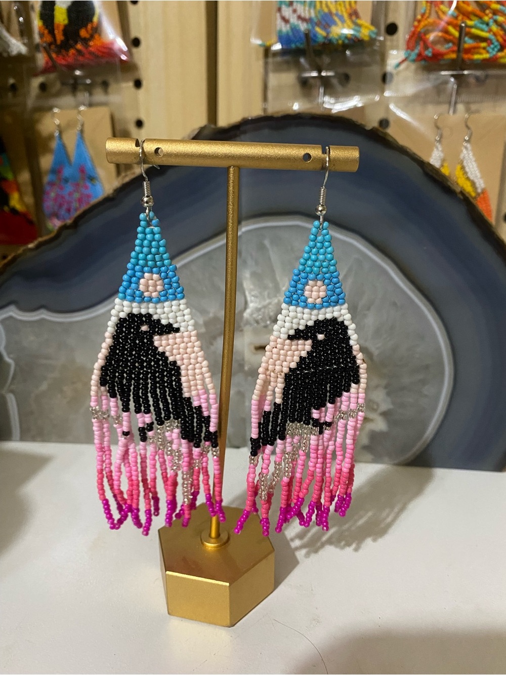 Handmade Beaded Raven Fringe Earrings - Turquoise, Pink & Black